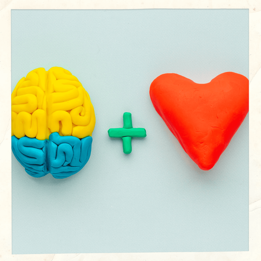 Embracing Your 'Too Much' - Brain with a plus sign and red heart on a light blue background